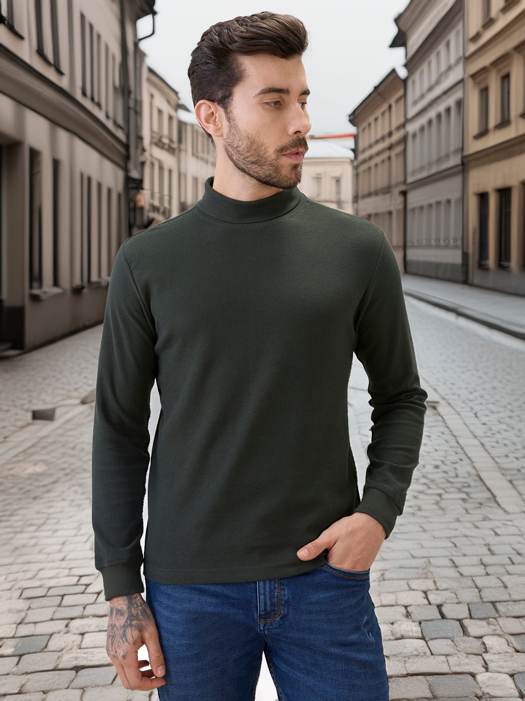 Men Solid High Neck Full Sleeve Regular Fit T-Shirt