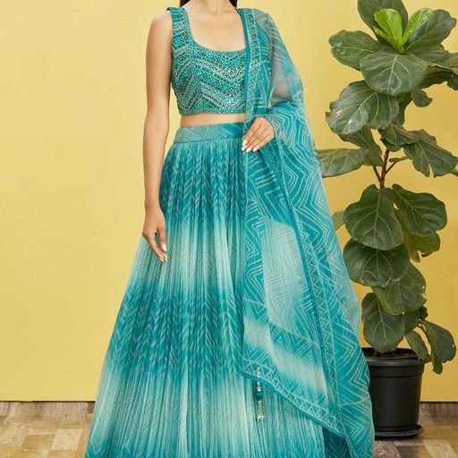 Blue Real Mirror With Thread, Zari, Sequins Embroidered And Digital Print Work  Lehenga Choli With  Organza  Dupatta
