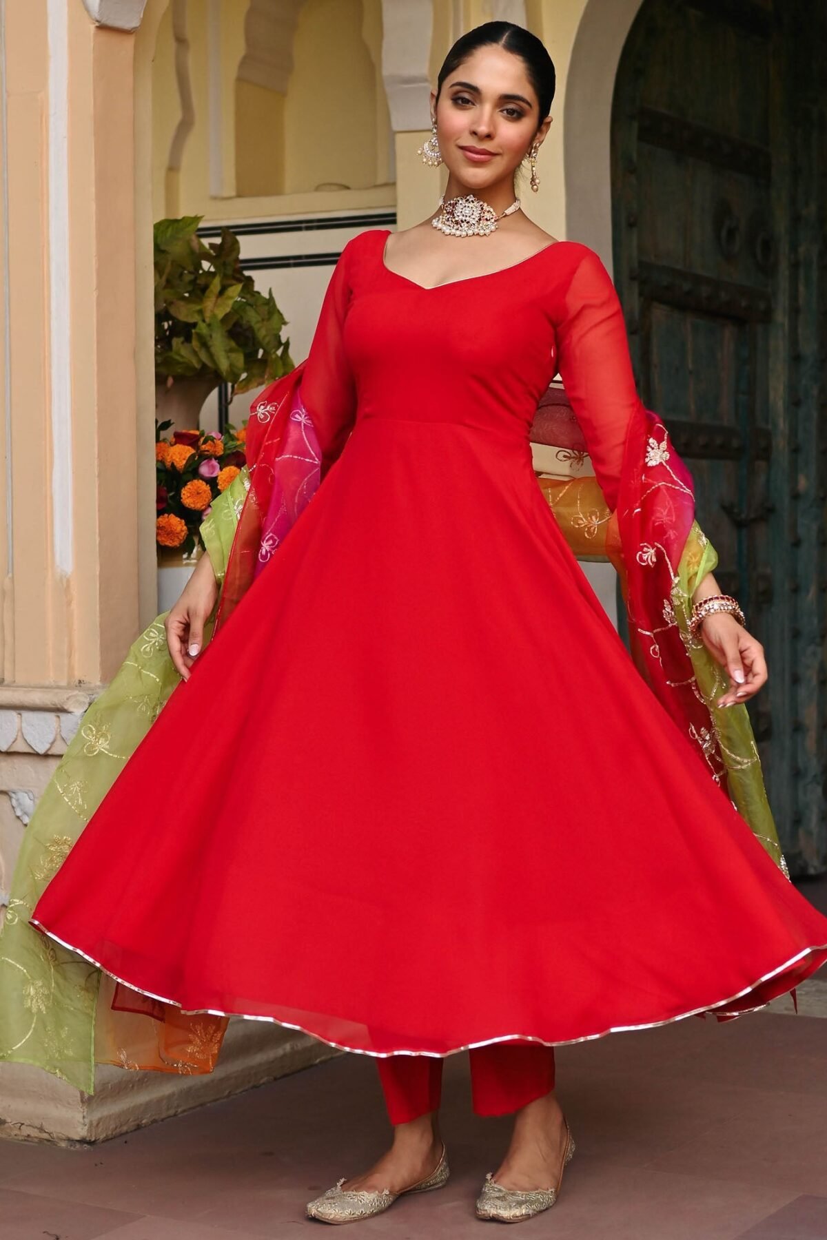 RED OMBRE ANARKALI SET