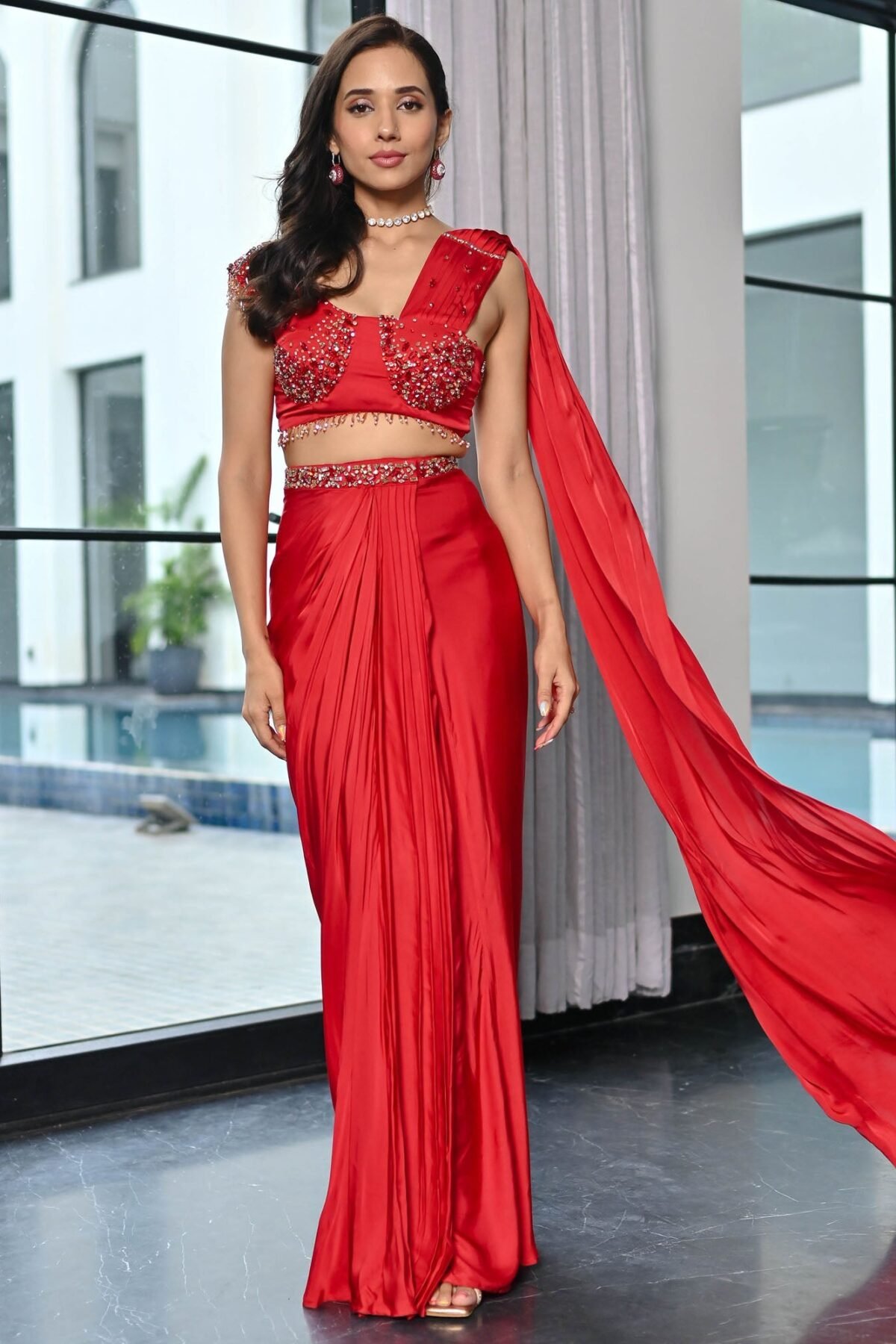 Crystal Couture Red Royalty Predrapped Saree
