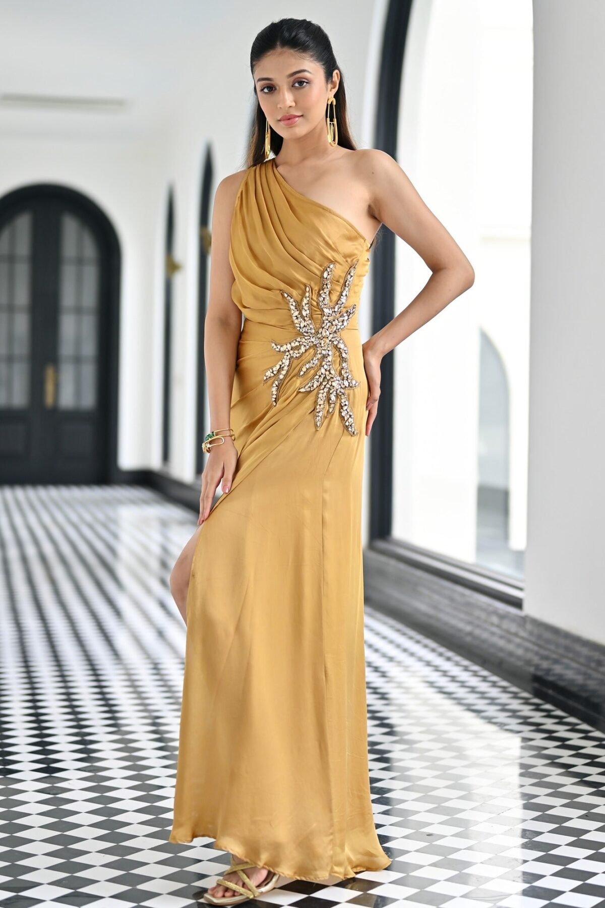 Gold Silk Satin Long Dress