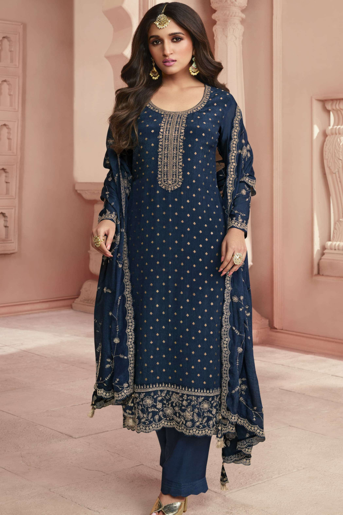 Embroidery Work Navy Blue Bridal Look Salwar Kameez with Dupatta