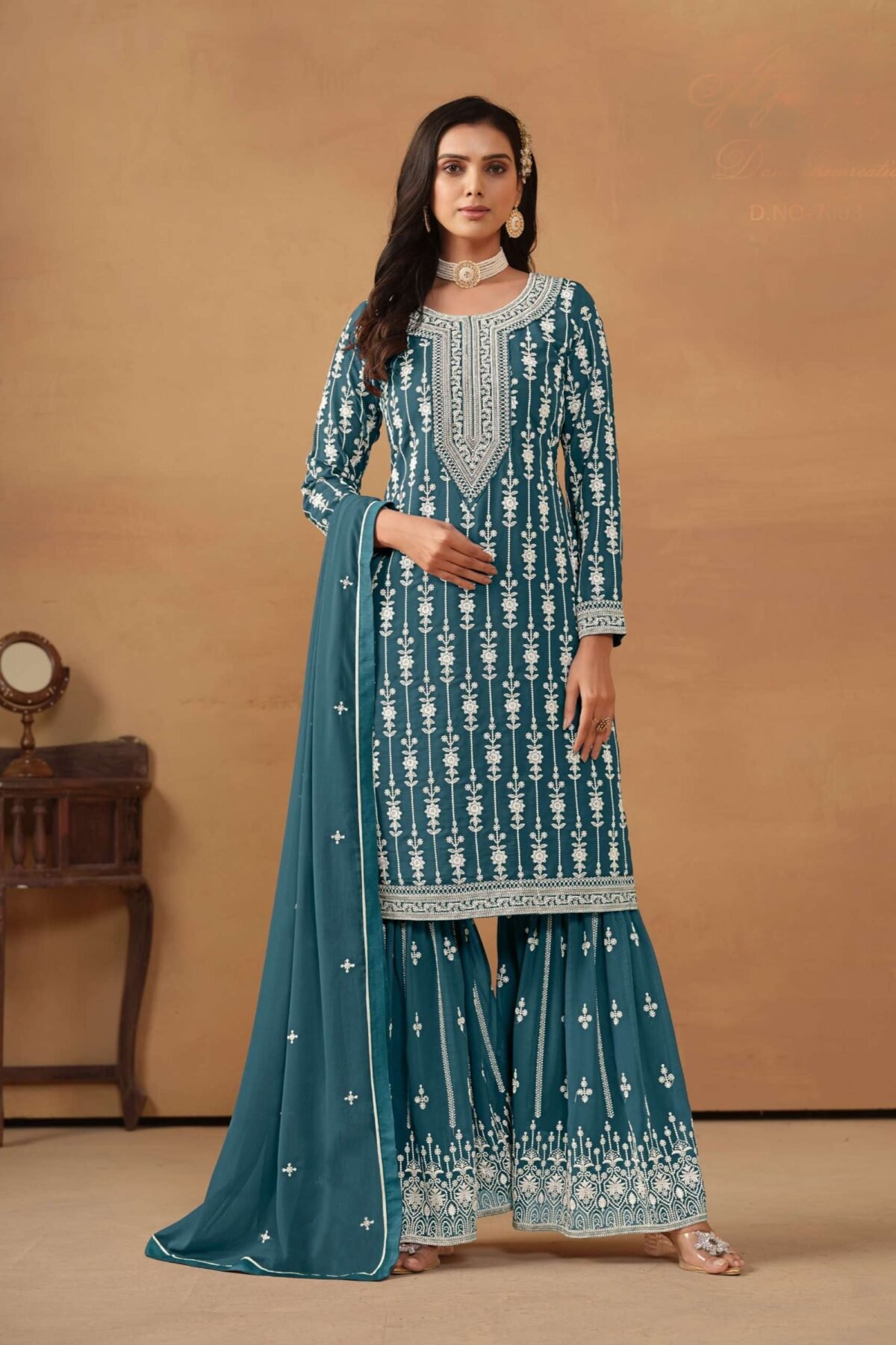 Teal Sharara Suit With Elegant Embroidery Details