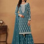 Teal Sharara Suit With Elegant Embroidery Details