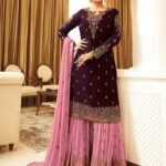 Wine Sharara Suits With Pink Dupatta In Refined Ethnic Design