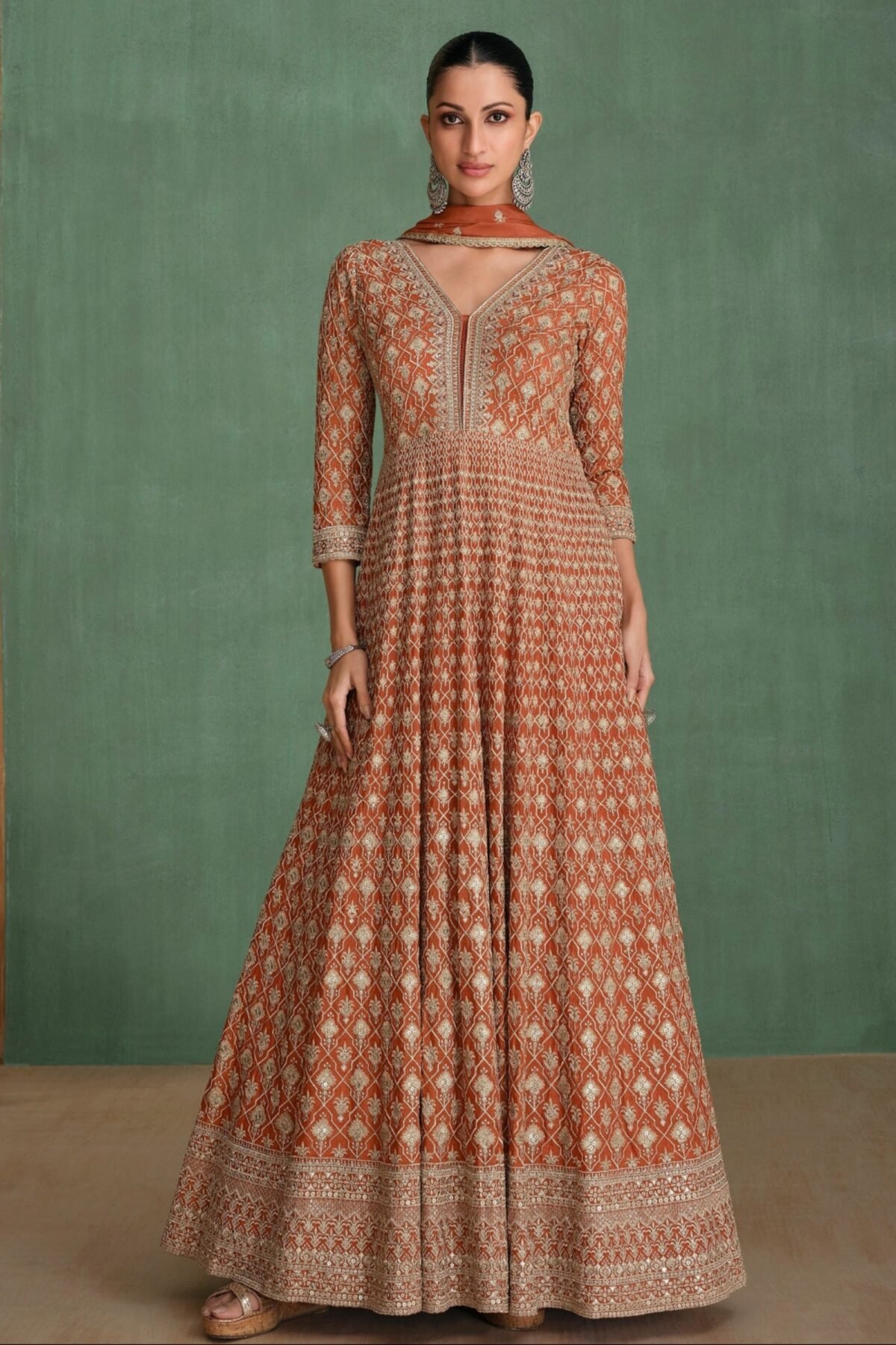 Orange Anarkali Suit Chinon Silk for Party Wear Dupatta Dress