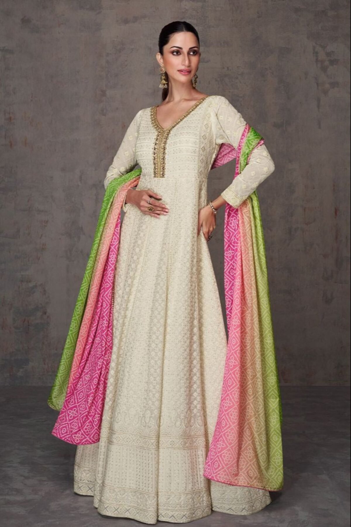 Trendy Pale Beige Anarkali Gown With Dupatta For Evening Parties