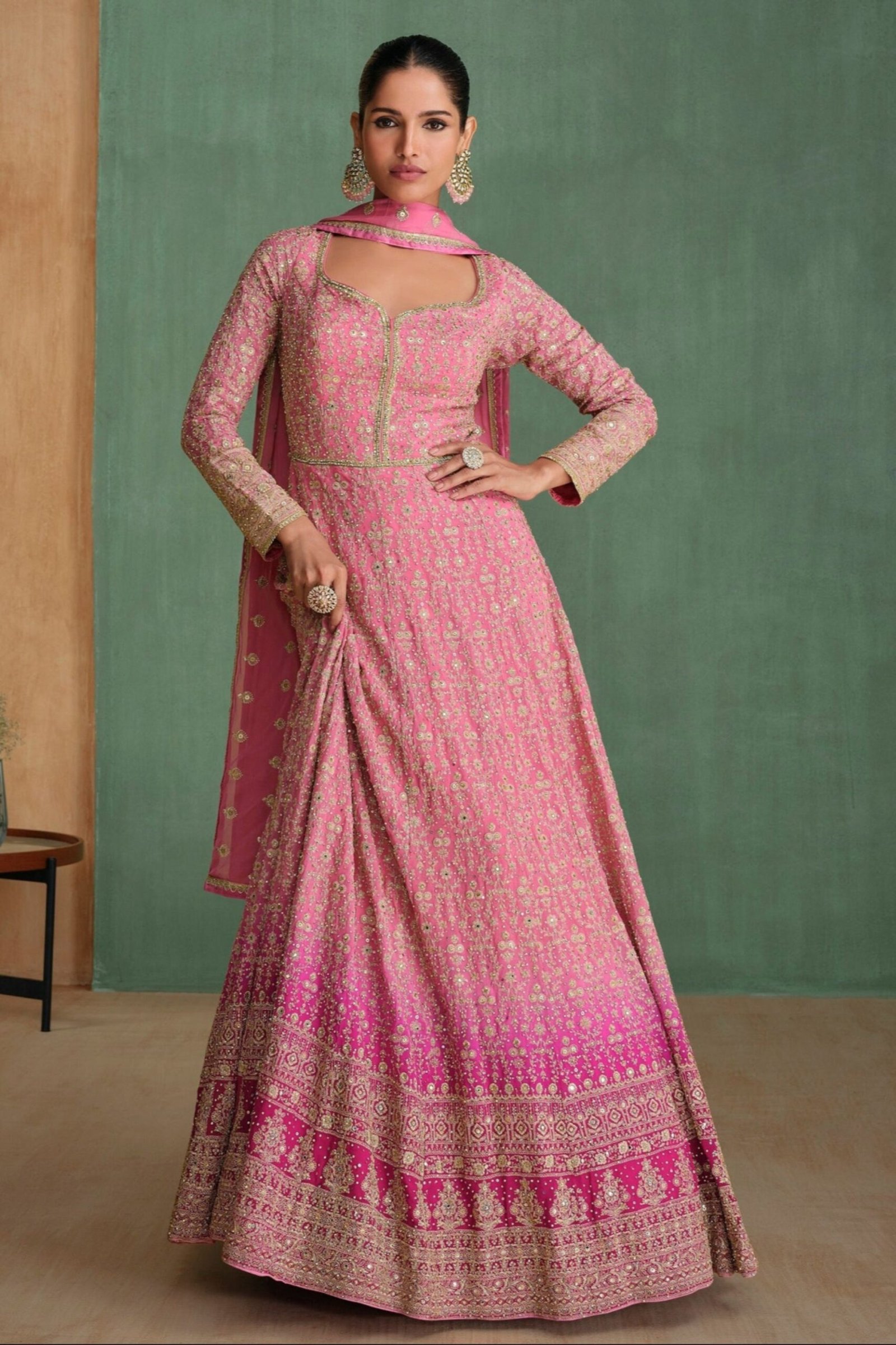 Pink Anarkali Dress Embroidery Worked Dupatta Suit
