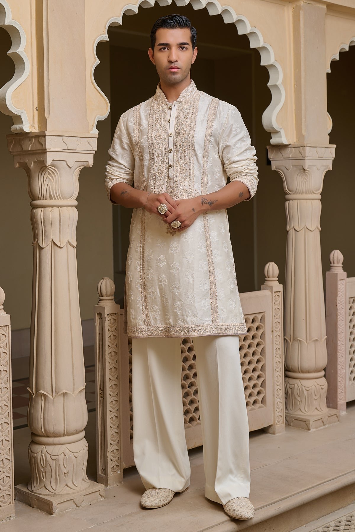 Golden Light Ivory Textured Kurta Set with Pearl Detailing