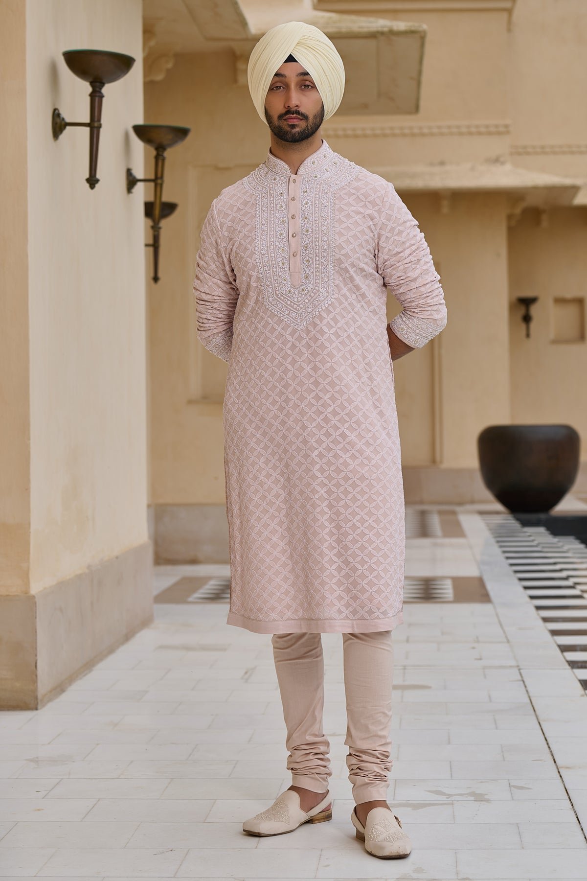 Golden Light Chikankari Kurta Set with Pearl Detailing
