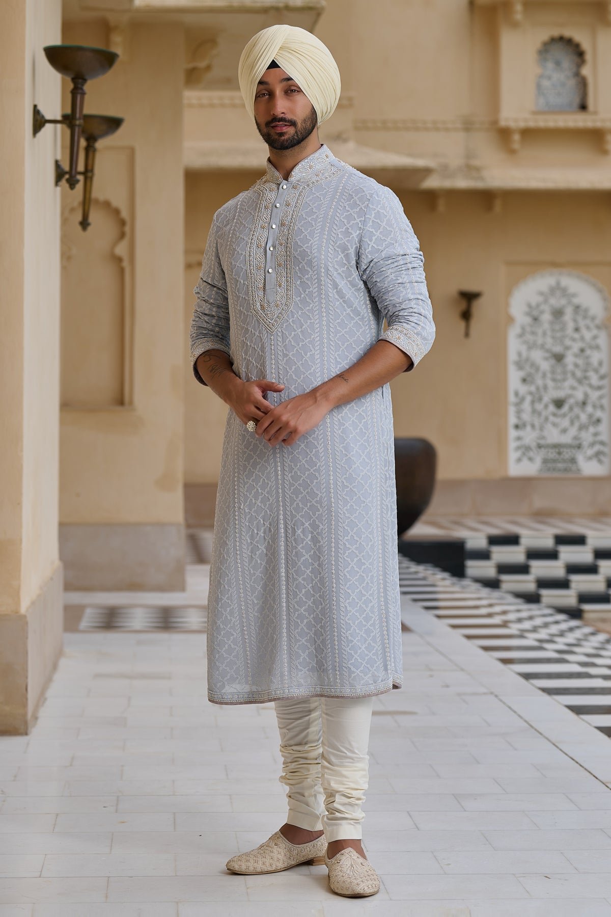 Golden Light Chikankari Kurta Set with Pearl Detailing