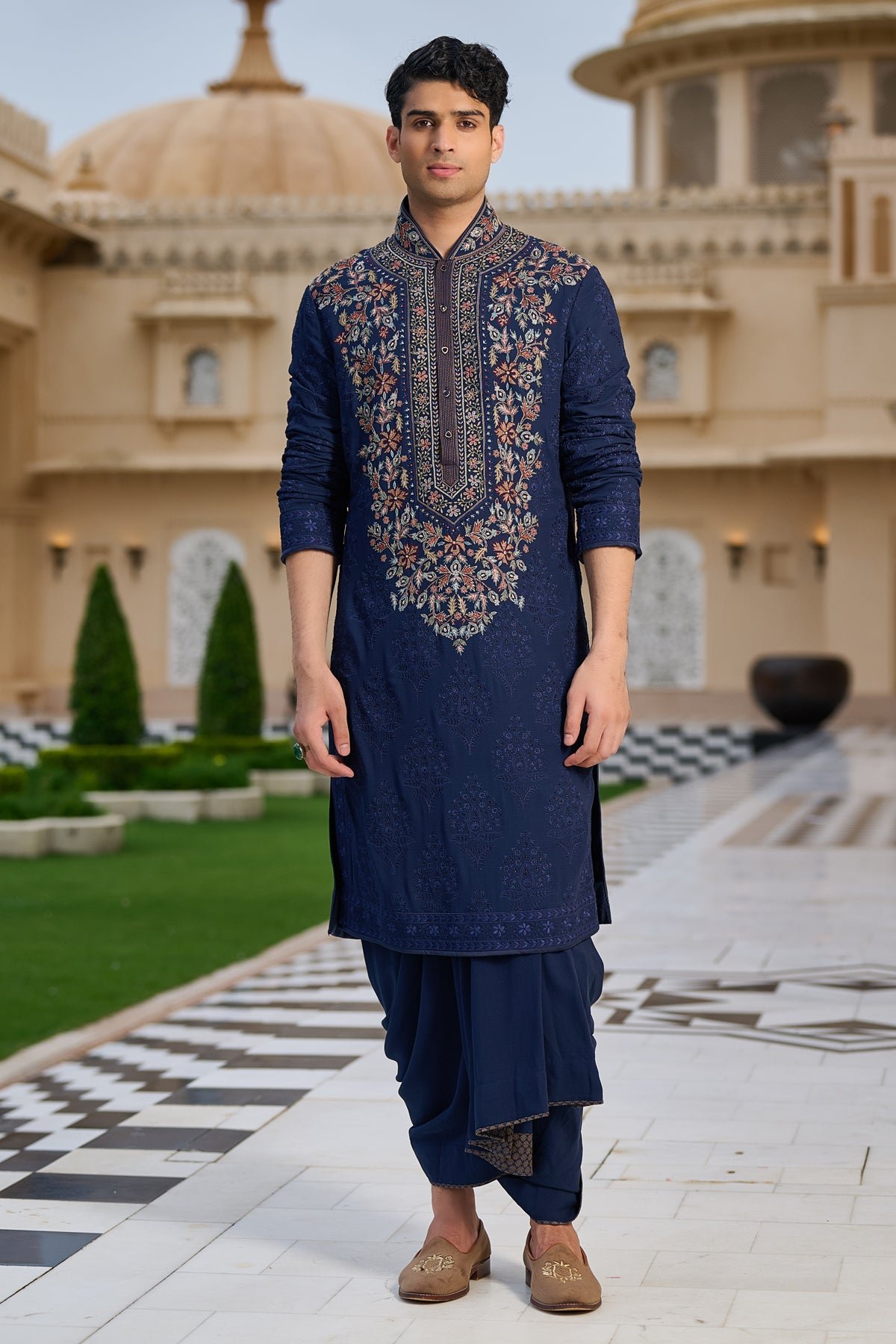 Golden Light Embroidered Kurta and Dhoti Set