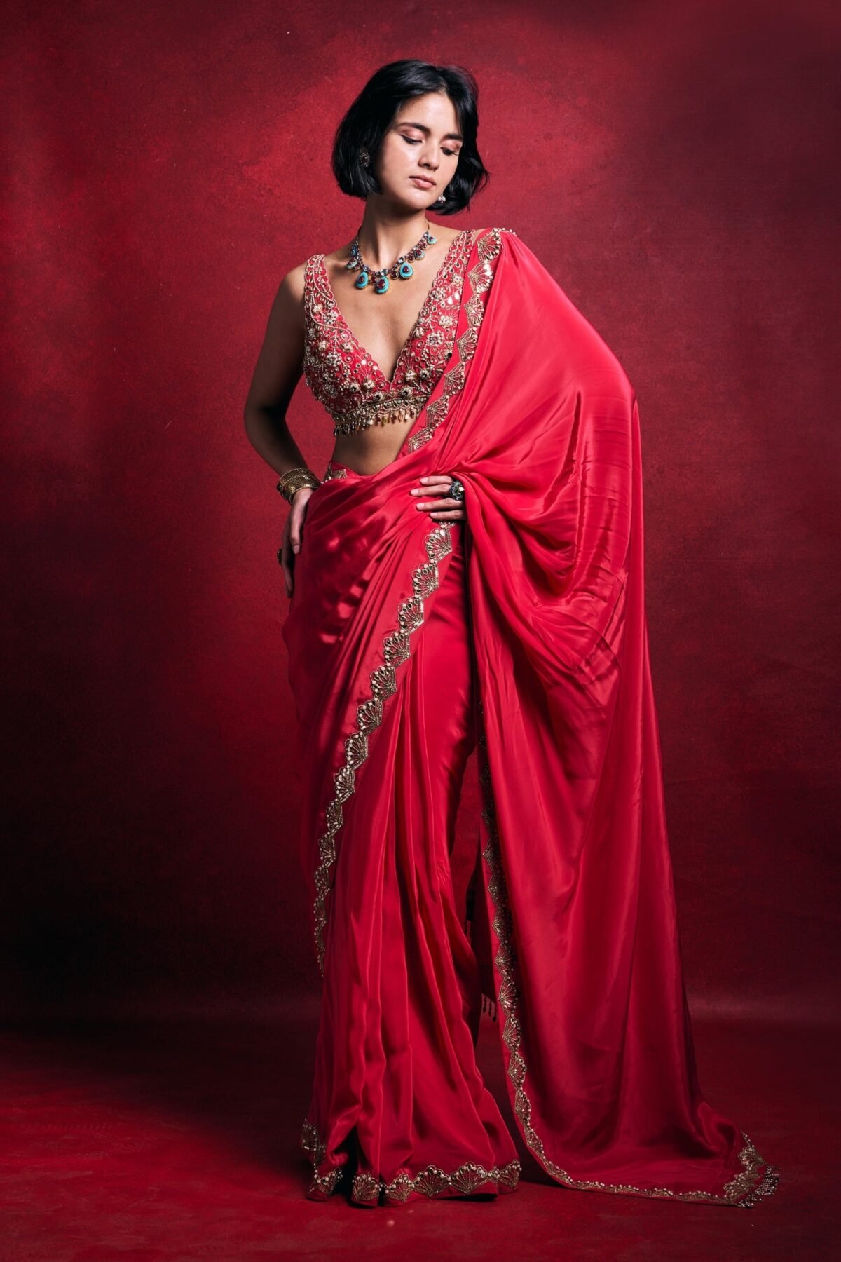 Fuchsia pink crepe sari set