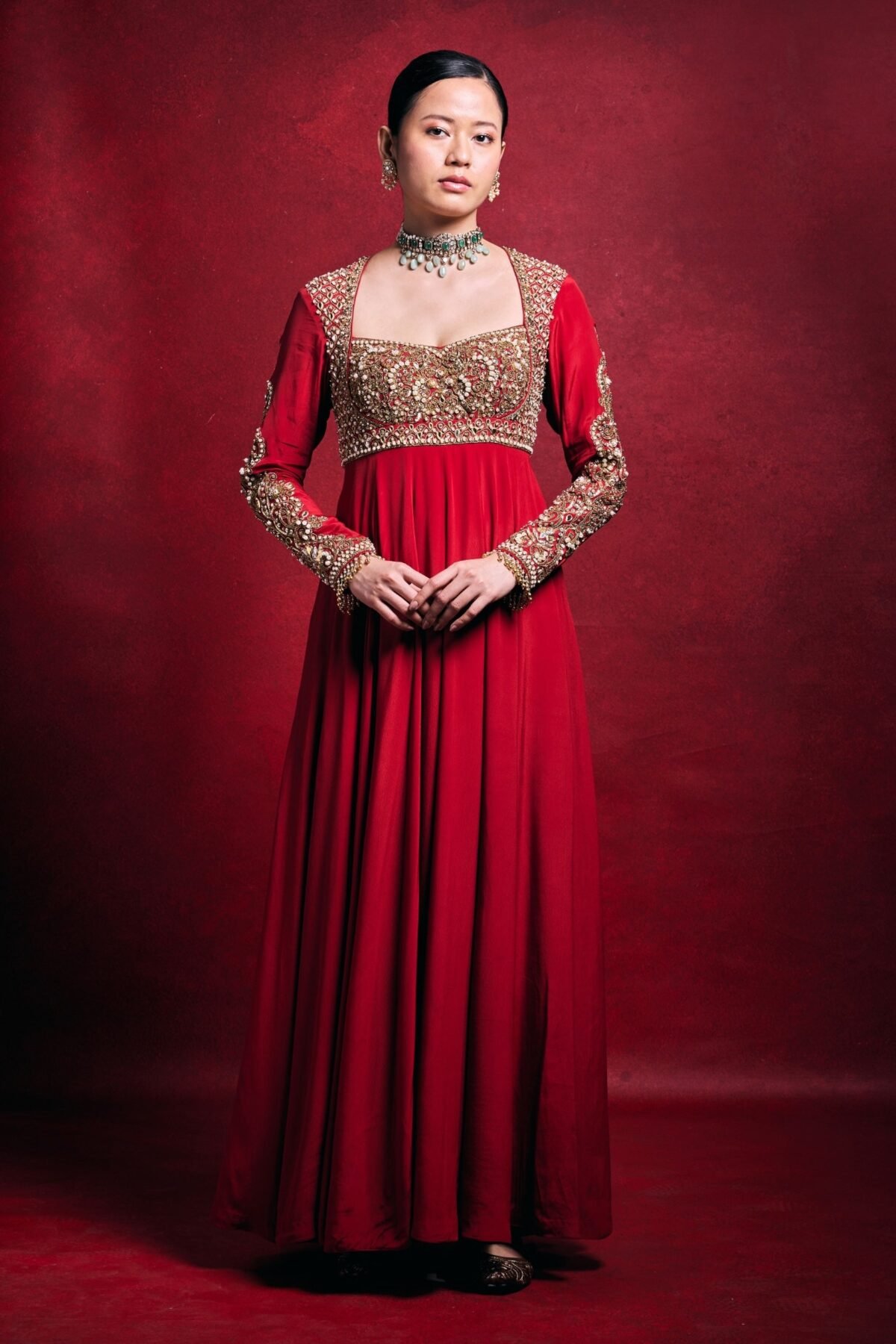 Striking red crepe anarkali set