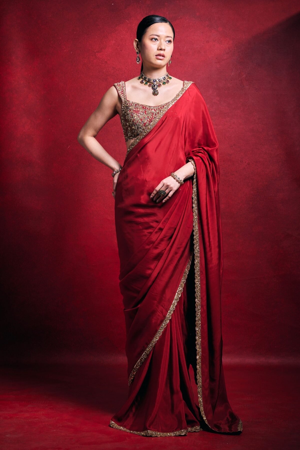 Red habutai sari set