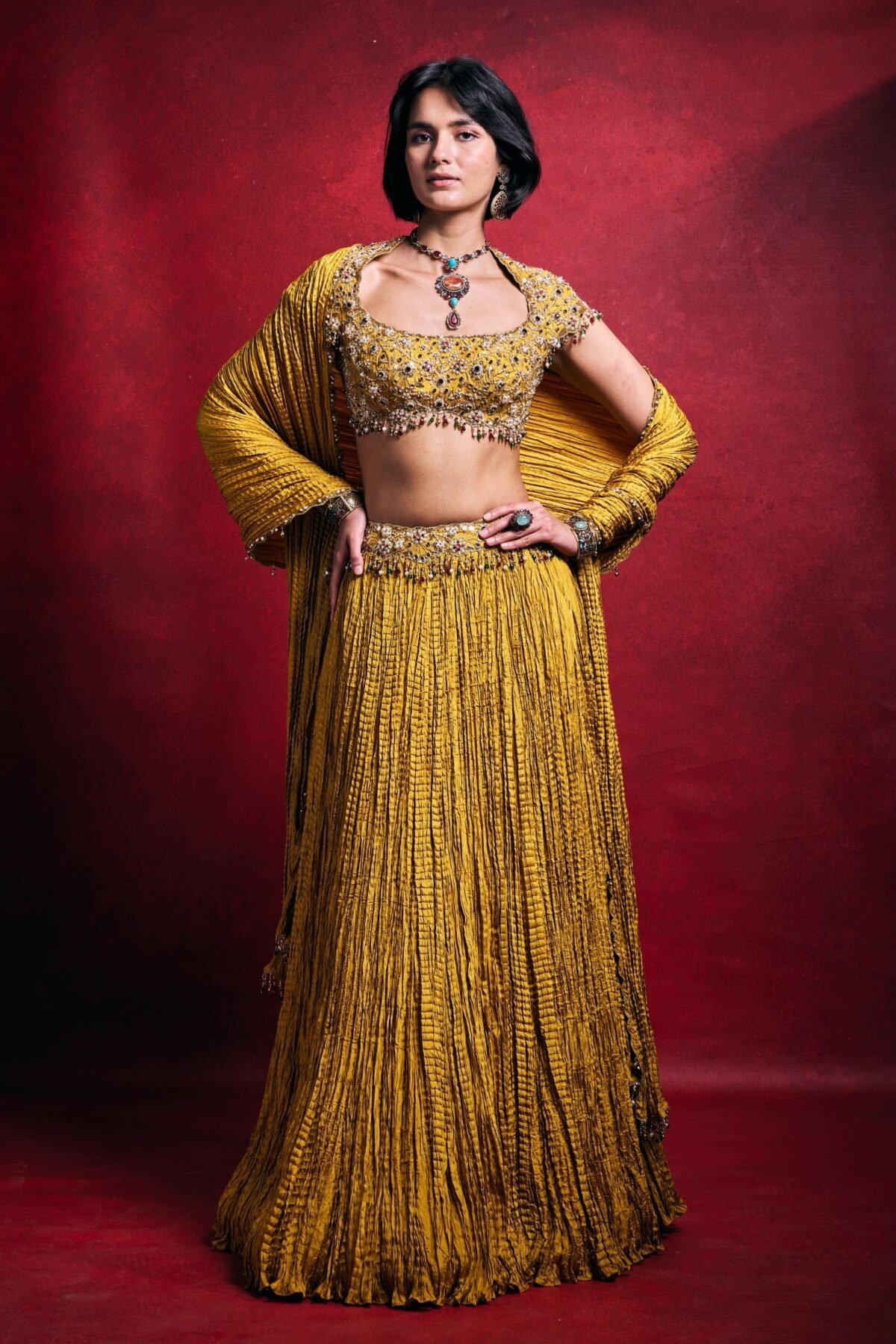 Mustard embroidered crushed lehenga set
