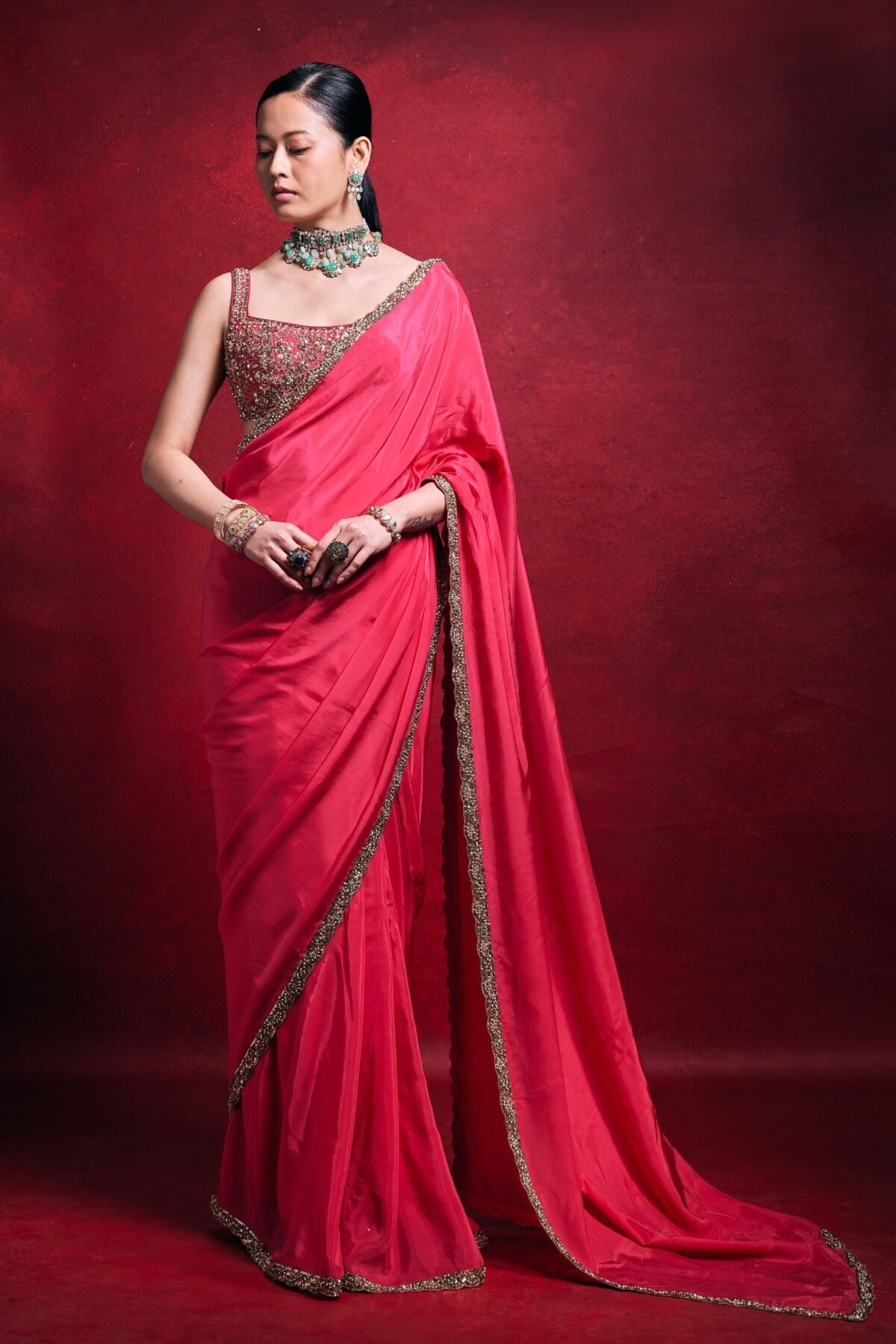 Fuchsia pink silk sari set