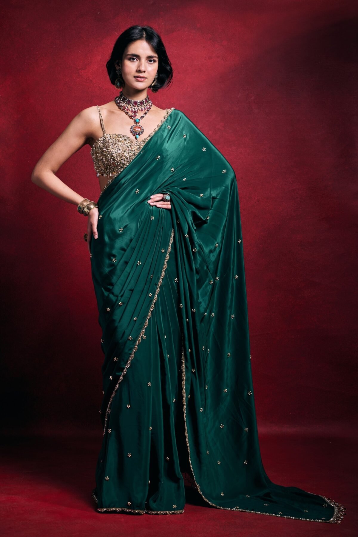 Emerald green crepe sari set