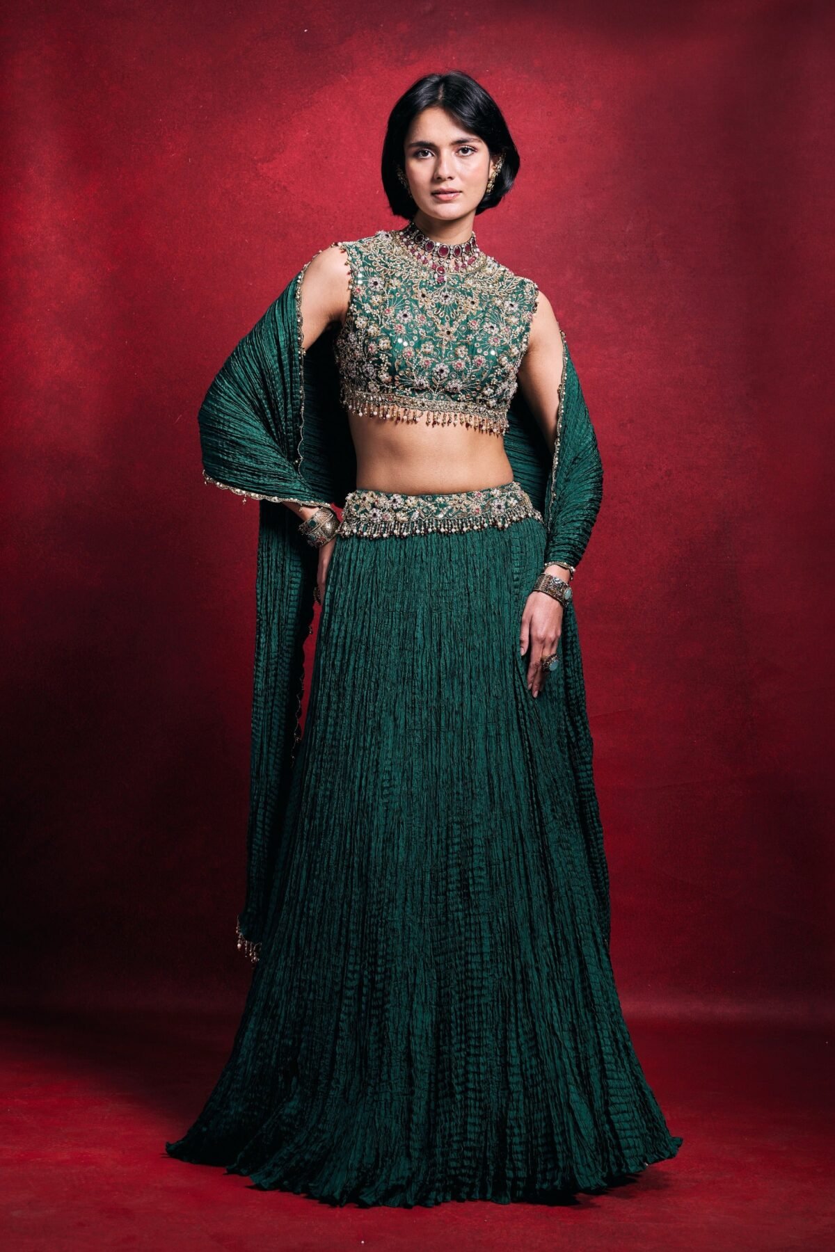Emerald green crushed lehenga set