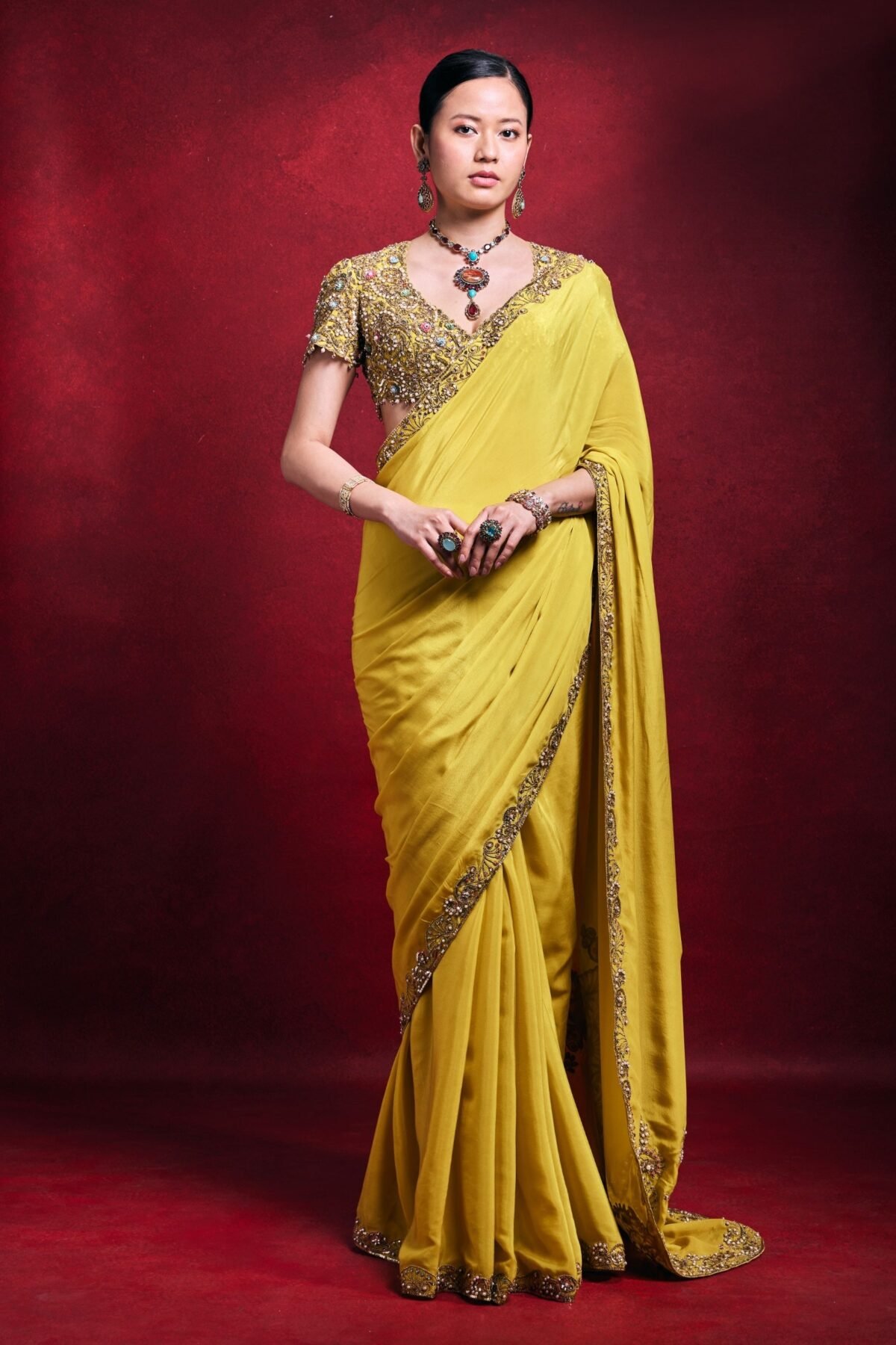 Yellow crepe pearl sari set