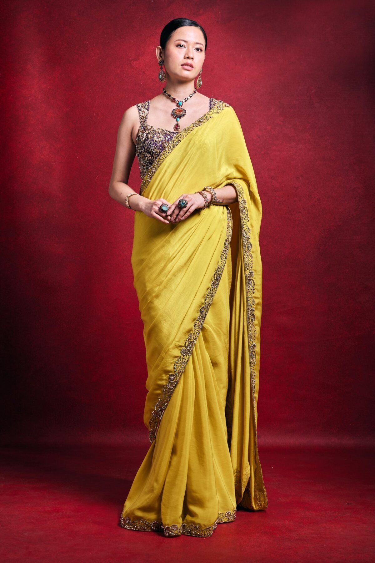 Yellow vibrant crepe sari set