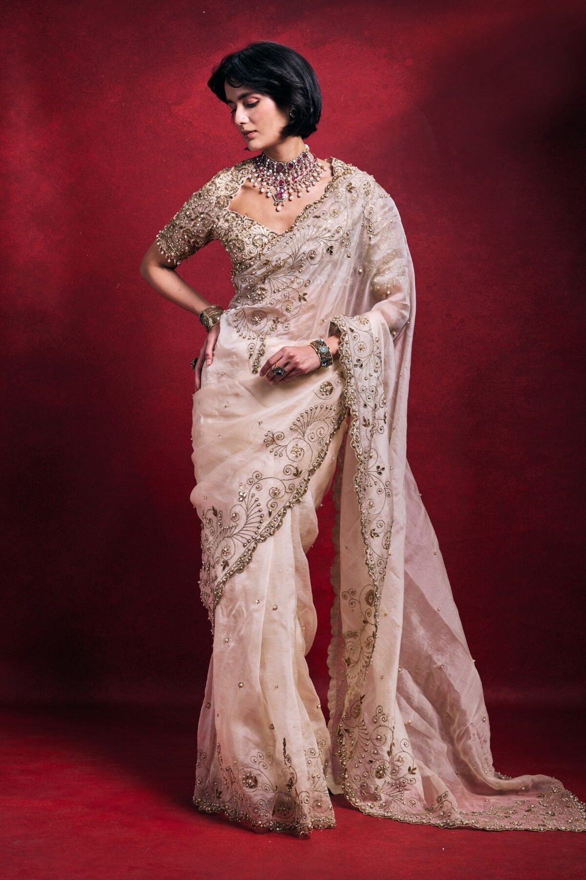 Cream organza sari set