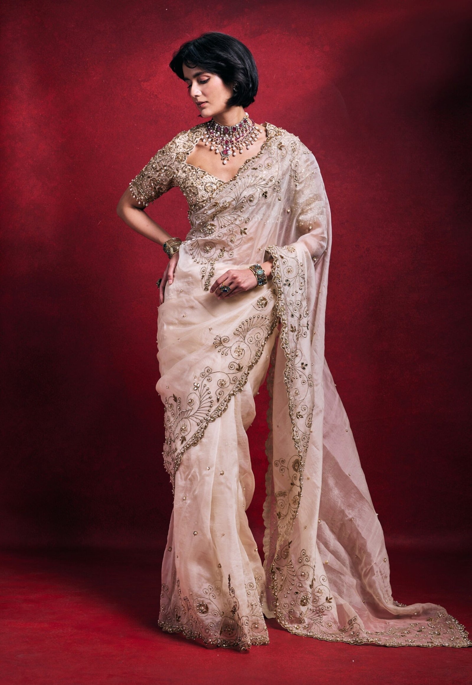 Cream organza sari set