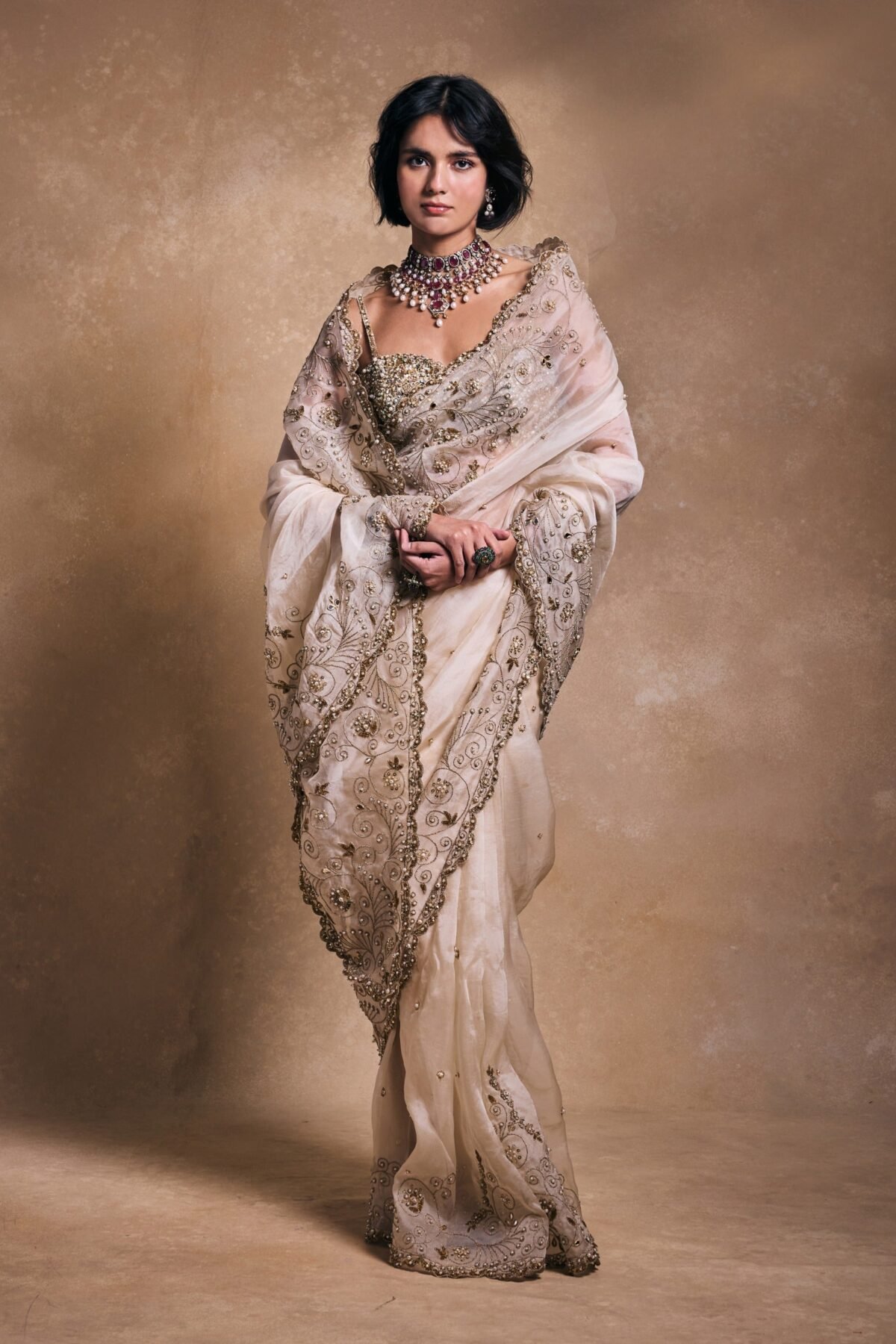 Cream organza sari set