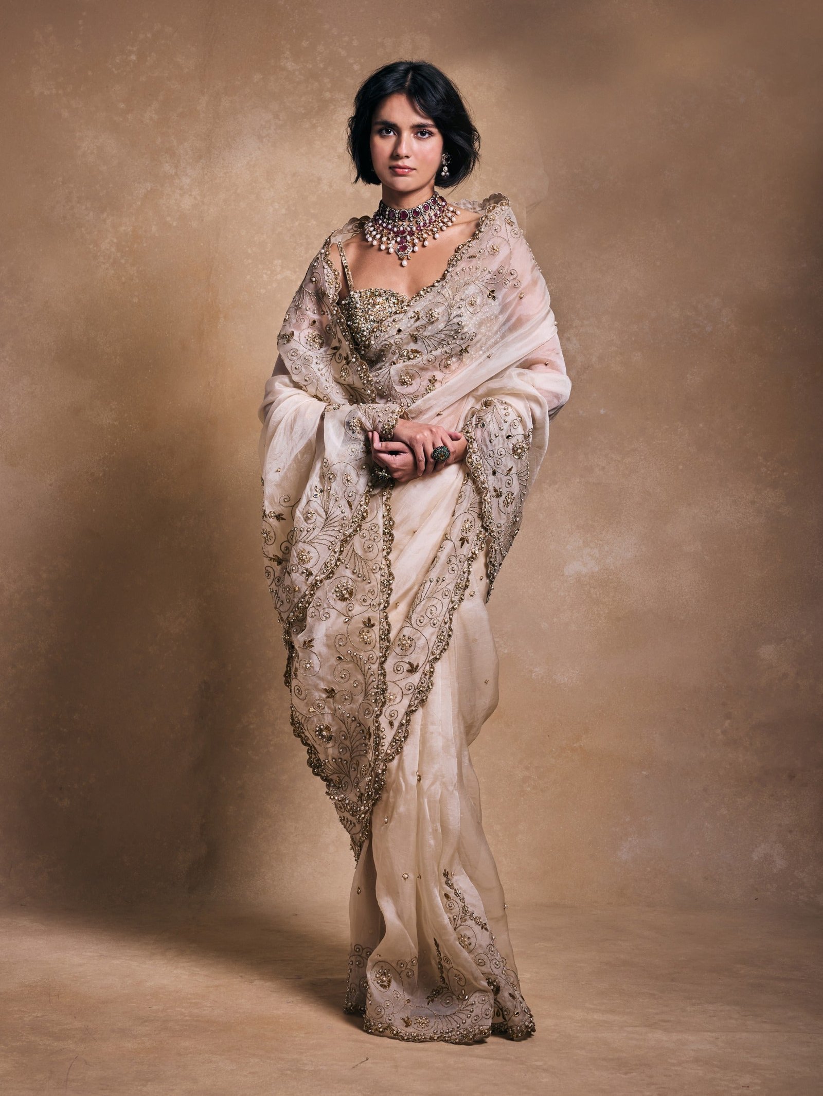 Cream organza sari set
