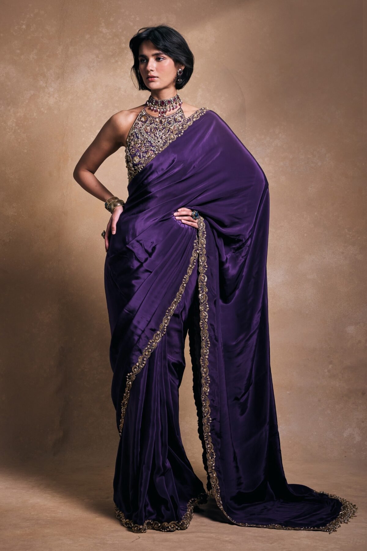 Deep purple crepe sari set
