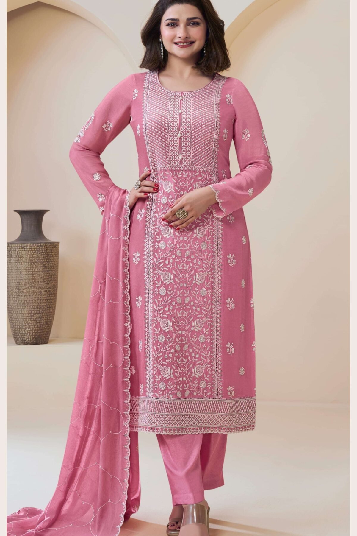 Traditional Pink Chinon Embroidered Salwar Kameez Suits With Dupatta