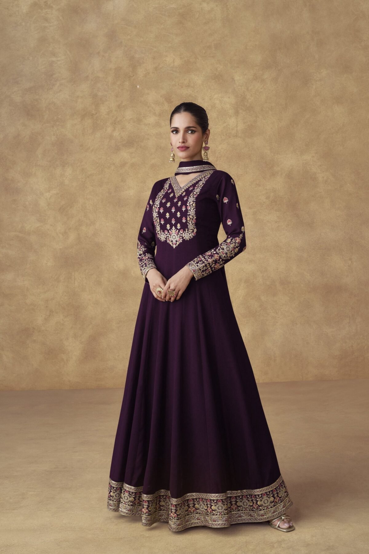 Wine Anarkali Gown With Dupatta For Party Wear Dupatta Suit