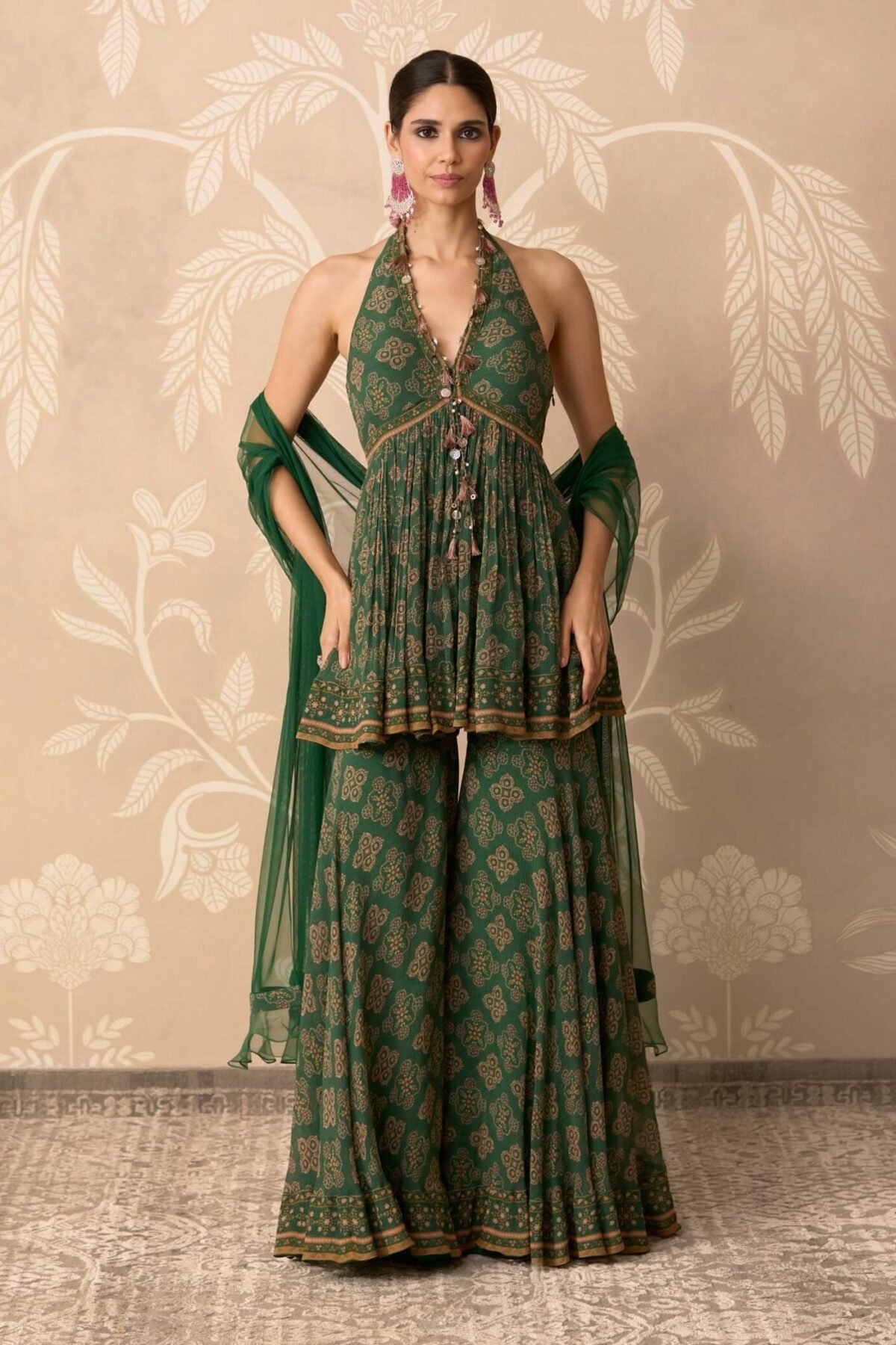Green printed sancha peplum garara set