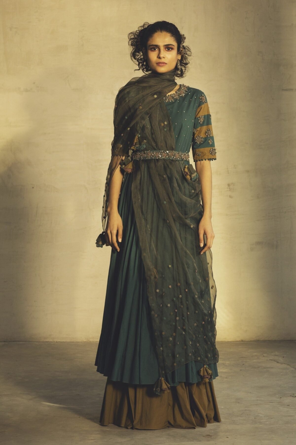 Teal Anarkali With Jacket & Belt