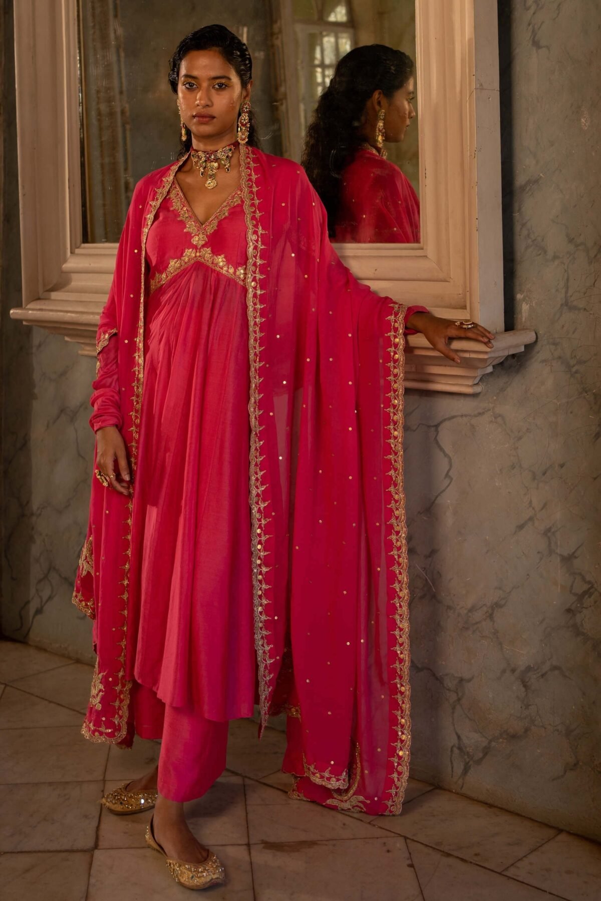 Fuschia pink anarkali set
