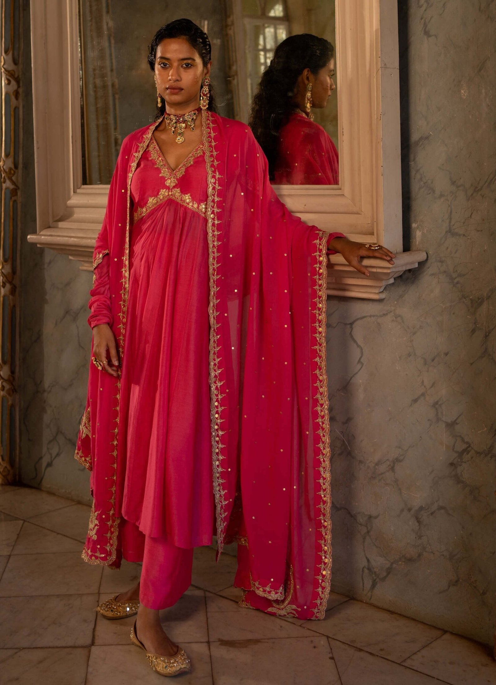 Fuschia pink anarkali set