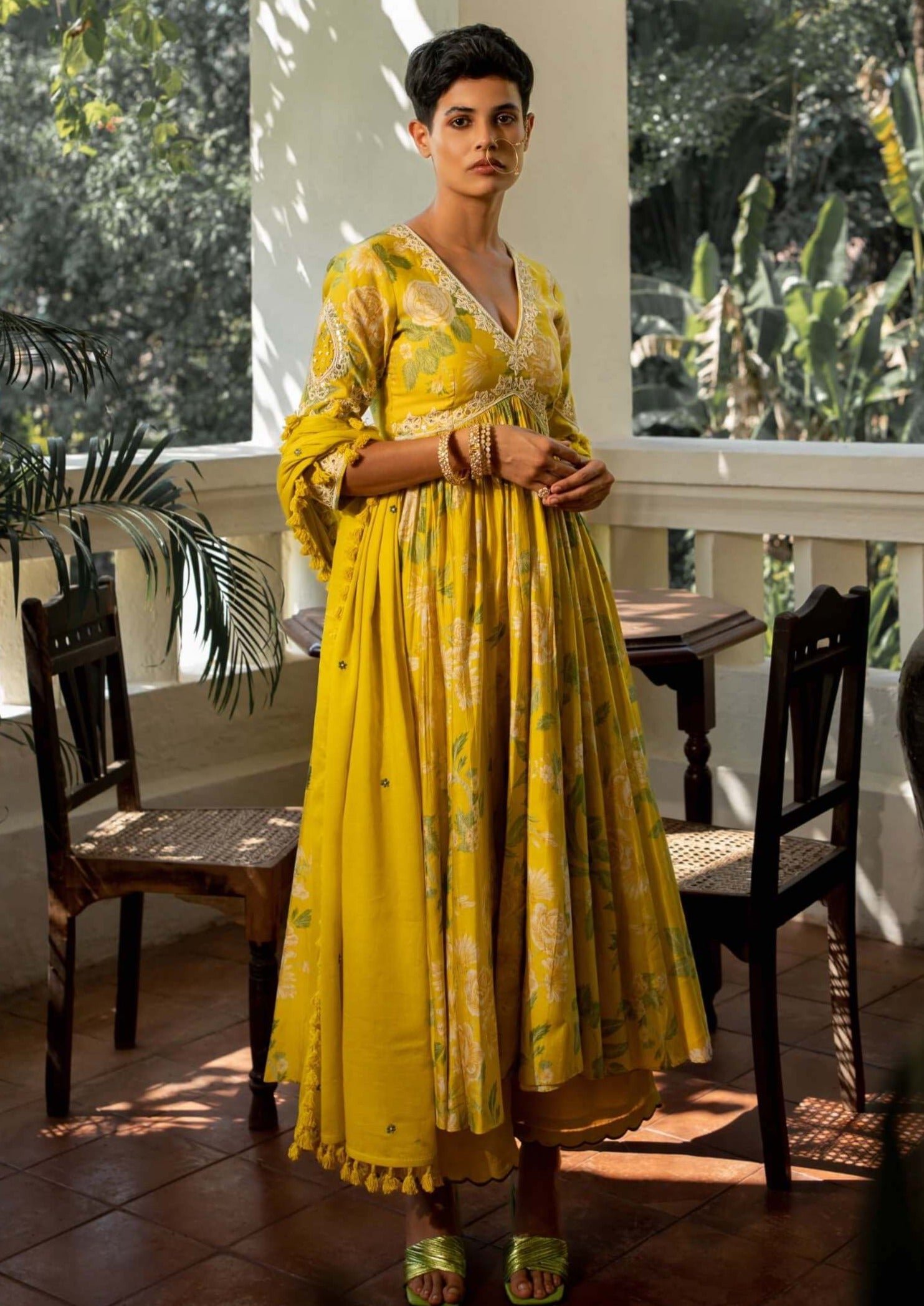 Yellow garden of bloom anarkali set