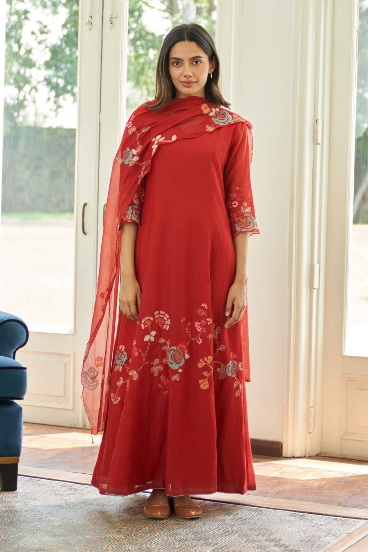 Poppy applique anarkali and dupatta