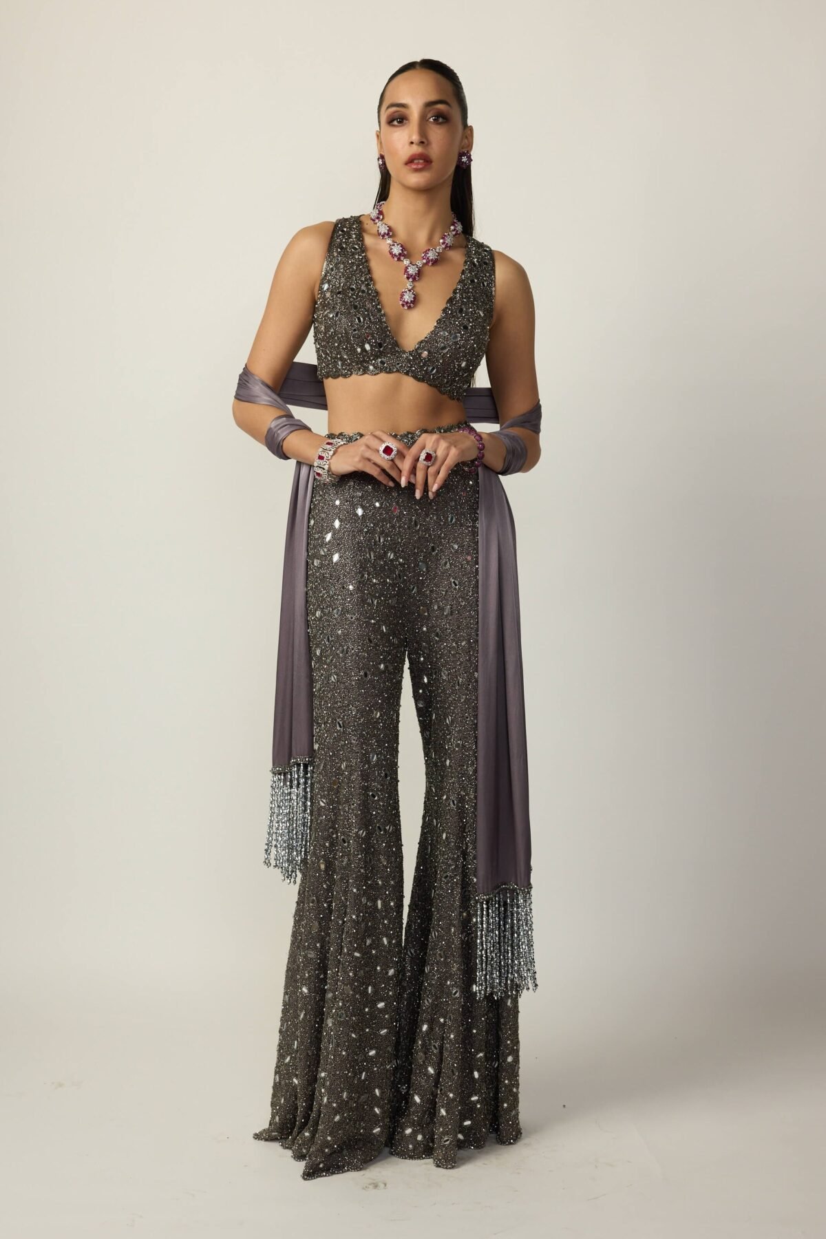 Metallic gray blouse and sharara set