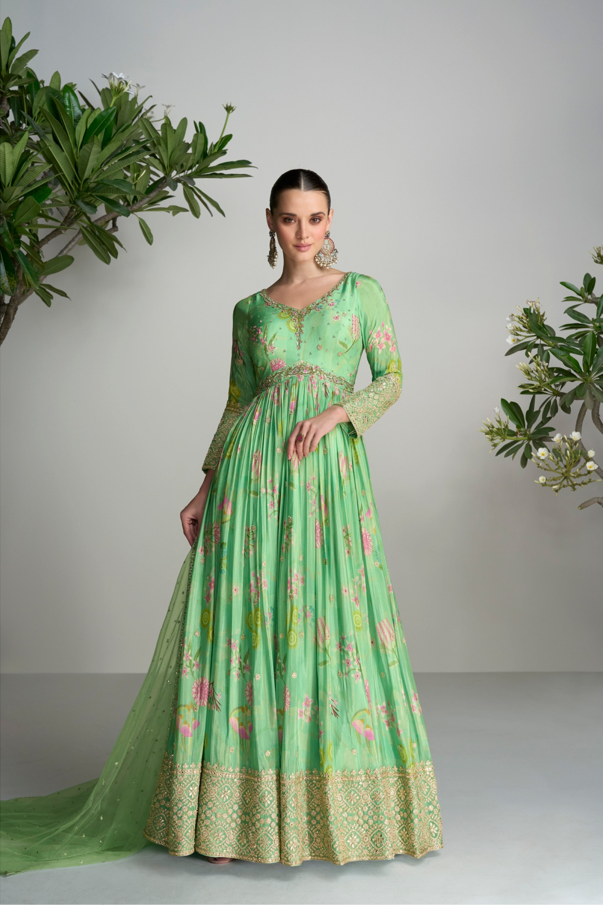 Green Anarkali Dress Stylish Stitched Long Dupatta Gown