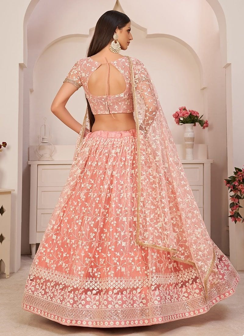 Net Peach  Sequence Zari  Lehenga Choli ,   Wedding Wear