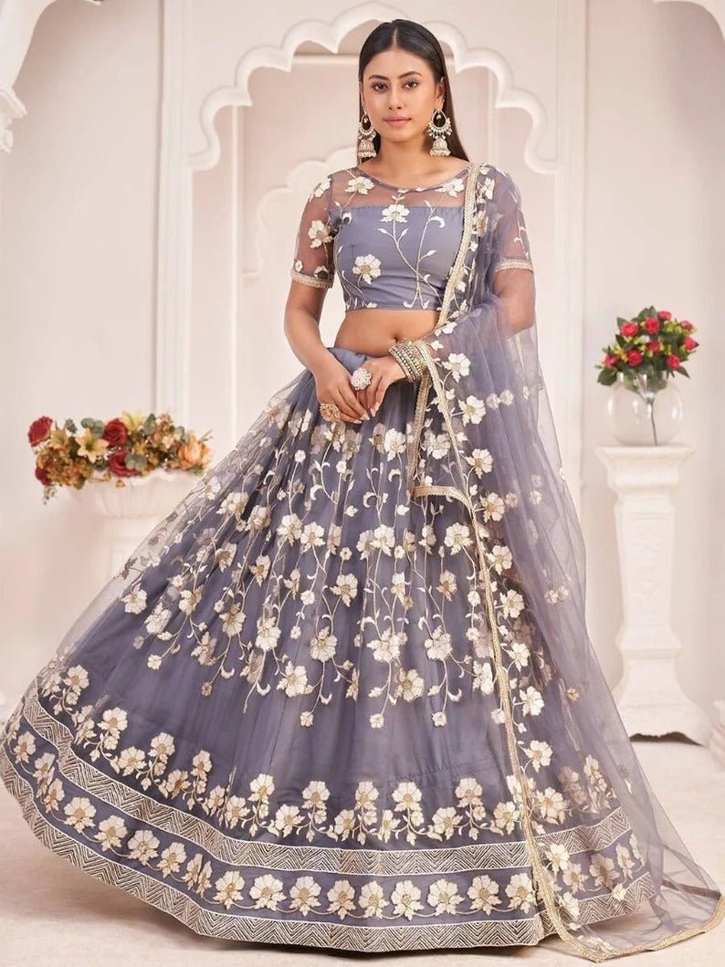 Net Grey Sequence Zari  Lehenga Choli ,   Festival Wedding Wear