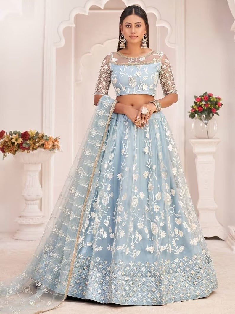 Net Sky Blue Sequence Zari  Lehenga Choli ,   Festival Wedding Wear
