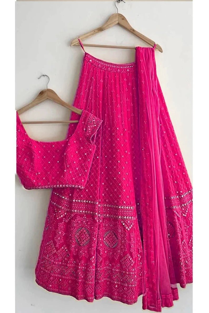 Pink Georgette Fabric With Sequence Embroidery Thread Work Mirror Embroidery Thread Work For Women Or Girls