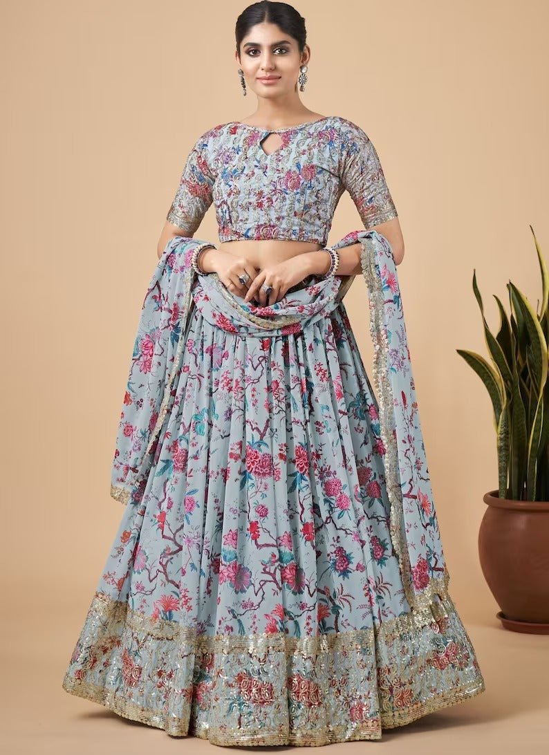 Designer Gray Color Lehenga Choli With Zari And Sequence Embroidery Work Wedding Party Wear Lehenga Choli With Dupatta