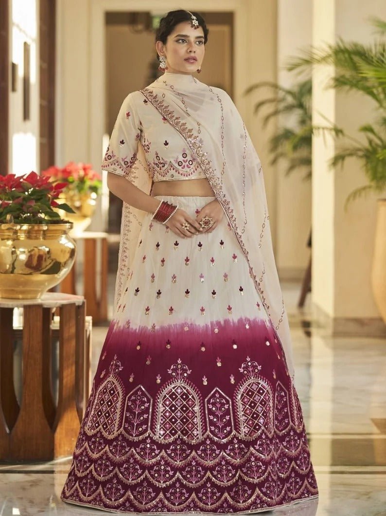Designer Off White And Pink Color Lehenga Choli With  Thread, Sequence And Mirror Embroidery Work  Wedding Party Wear Lehenga Choli With Dupatta