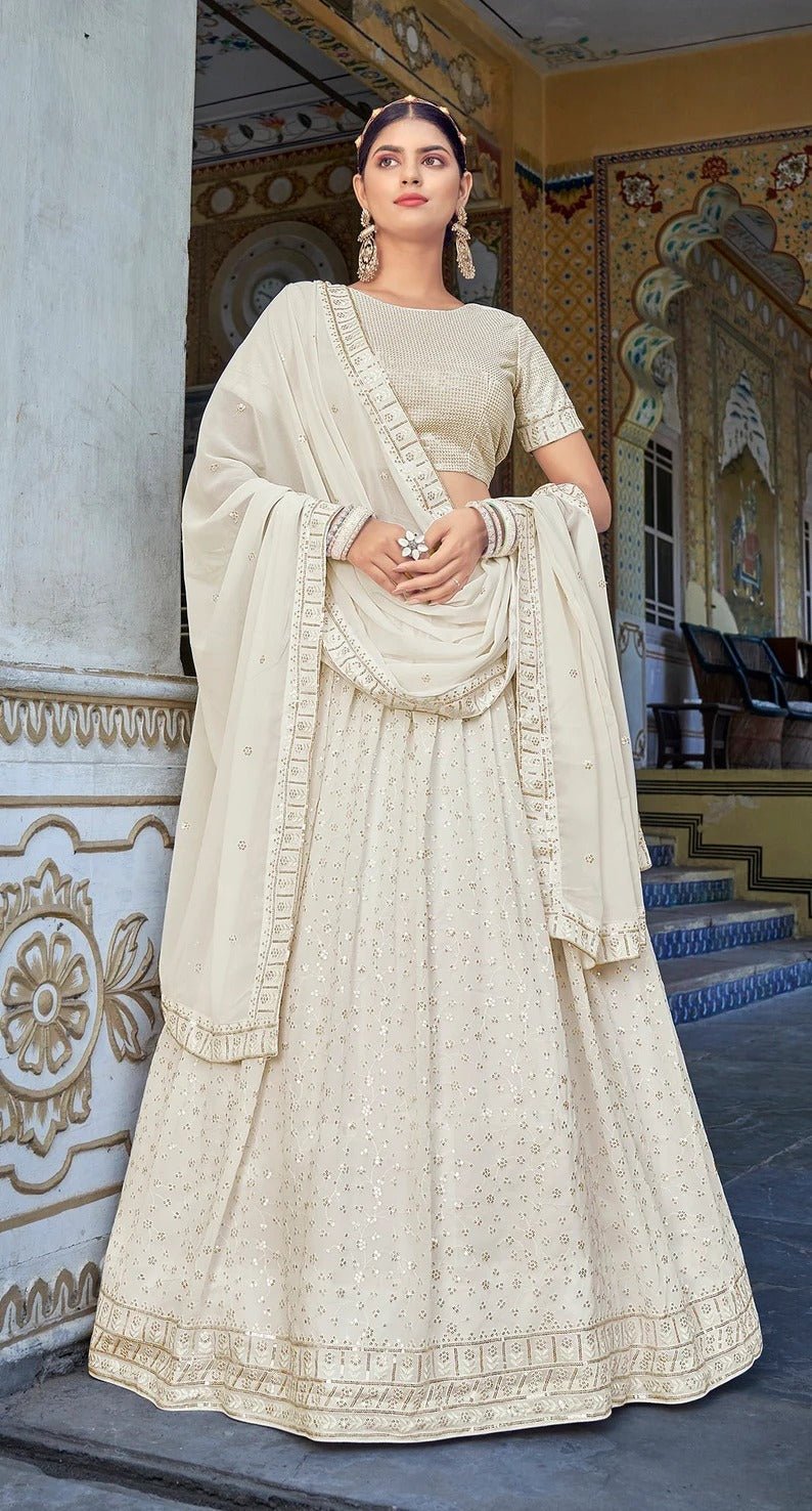 Designer Off White  Color Lehenga Choli With  Embroidery Sequence Thread Work  Wedding Party Wear Lehenga Choli With Dupatta