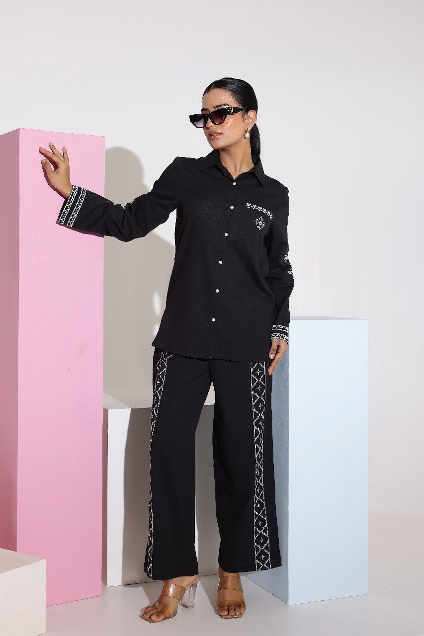 Black Full Sleeves White Embroidery Co-ord Set