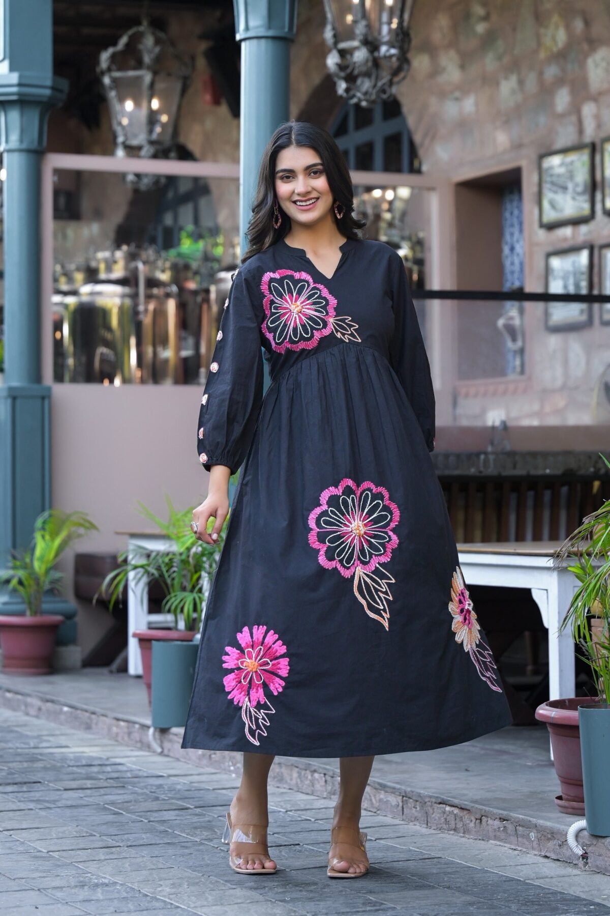 Black Floral Embroidered Midi Dress