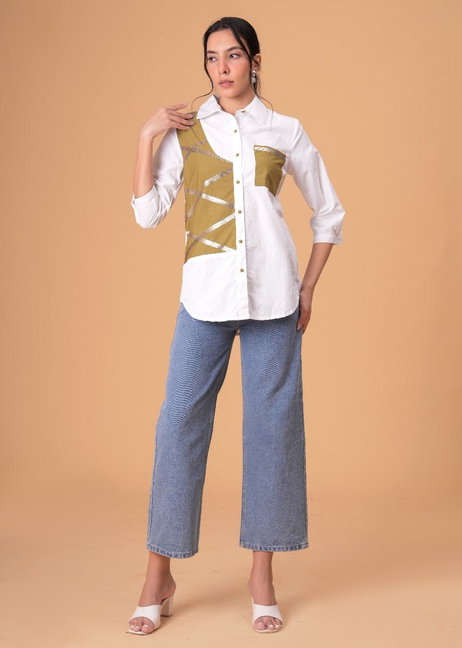 Ivory Mosaic White Poplin Patchwork Shirt